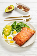 baked salmon fillet with eggs , spinach, avocado