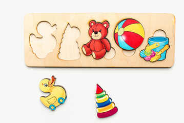 Educational toys on a white background. Wooden toys on a white background. Bright pictures. Wooden pictures. 
