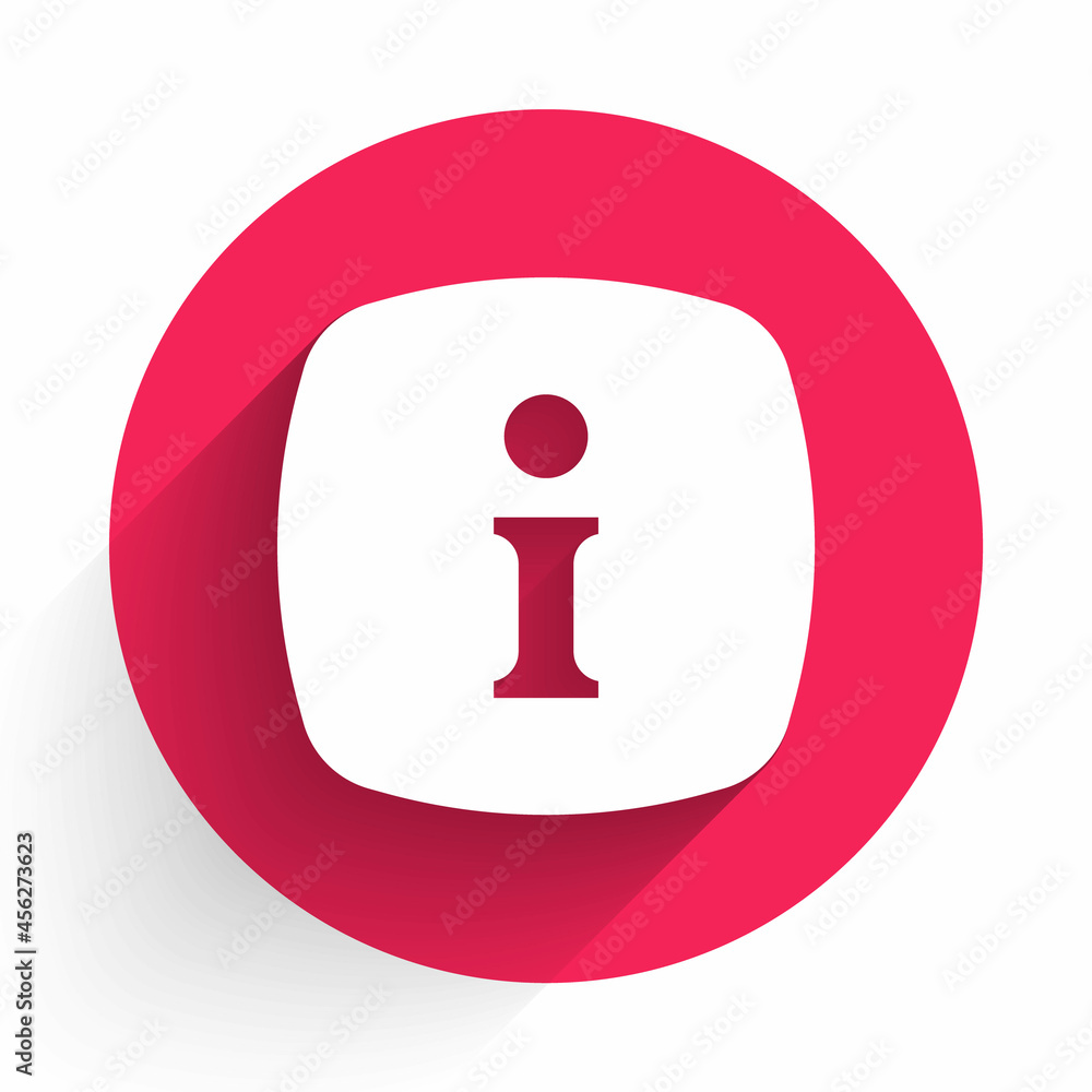 Poster white information icon isolated with long shadow. red circle button. vector
