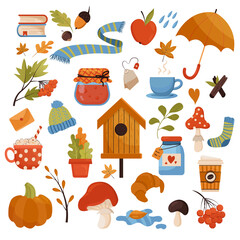 Vector autumn set in a flat style. Autumn collection of stickers. Set of cute autumn cartoon element. Autumn. Collection of scrapbook elements for party, fall festival or thanksgiving day
