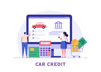 Couple choosing car online. Happy clients buying new automobile with computer. Concept of auto credit, car loan, auto finance, banking products. Vector illustration in flat for web banners, UI