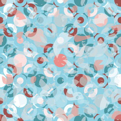 Terrazzo seamless vector pattern with circular pebbles in blue, white, orange, pink and red. Abstract overlapping elements texture for wallpaper, home decor, wrapping paper and fabric prints.