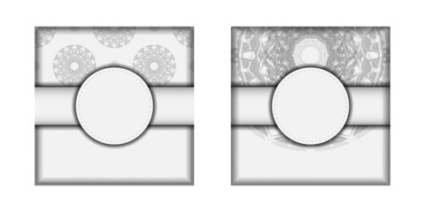 Ready-to-print postcard design White colors with black mandala ornaments. Invitation template with space for your text and patterns.