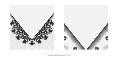 Ready-to-print postcard design White colors with mandala ornament. Invitation template with space for your text and black patterns.