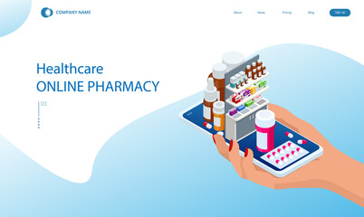 Online pharmacy and medicine with a medical app. Buying medicines online. Mobile service or app for purchasing medicines in online pharmacy drugstore.