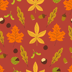 Obraz premium Seamless pattern of fallen autumn leaves of different shapes. Autumn background, poster with different leaves. Seasonal autumn elements for creating postcards, invitations, Cartoon flat style. vector 