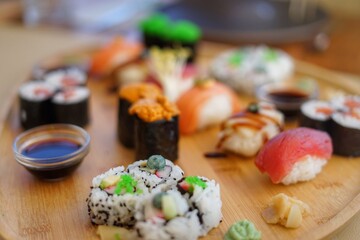 sushi on a plate with chopsticks