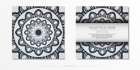 Stylish Template for print design postcard White color with dark blue vintage ornament. Vector Preparation of invitation card with Greek patterns.