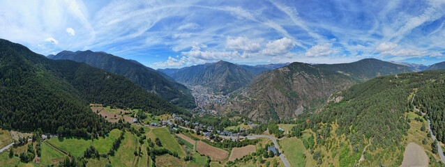 aerial view panorama of the mountains andorra la vella.