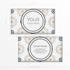 Template for printing design business cards White color with black vintage patterns. Vector Business card preparation with Greek ornament.