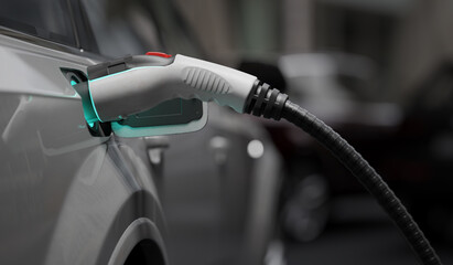 Power supply connected to electric vehicle for charging the battery. 3D rendered illustration.