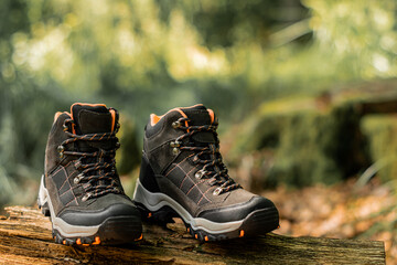 Closeup on pair of dark grey hiking boots on a natural raw wood in the woodland. Selective focus on dark shoes with ankle support for walking, surrounded by nature.