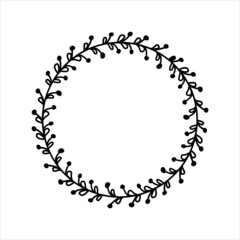Hand drawn plant wreath. Circle floral frame with branches. Black doodle style border. Decorative vector element for greeting cards, invitations.