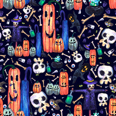 A pattern of funny pumpkins, skeletons,elixir, eyes, ghosts, scarecrows,and various junk.For decorating fabrics,for printing brochures,posters,parties, vintage textile design, postcards, packaging.