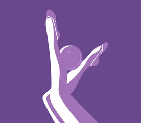 Vector silhouette of the legs of the rhythmic gymnast with a ball. Purple simple flat graphic illustration.