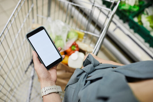 Above view of unrecognizable pregnant woman standing at cart and checking notes on phone while buying products in store - Powered by Adobe