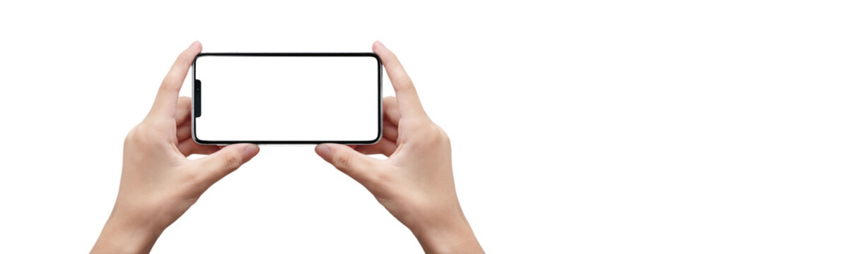 cell phone in horizontal position in the hands of a man with white background - easy modification