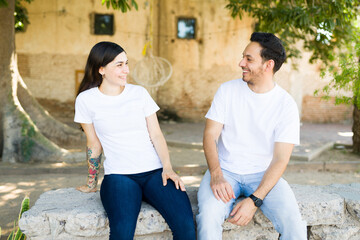 Boyfriend and girlfriend in love with stylish t-shirts