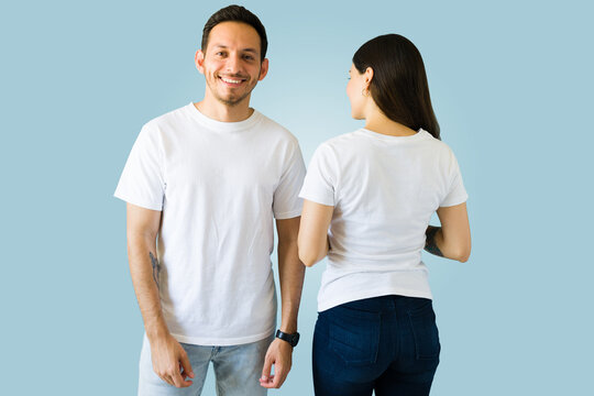 Hispanic couple made custom t-shirts