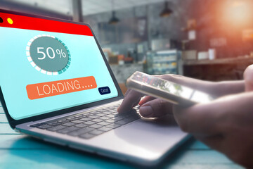 Hand man using laptop computer for doing cloud uploading data on the Internet online.network,media,keyword,Digital Web,Photo concept information and Technology.