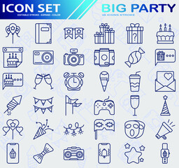 set of icons big party, icon set contains birthday and new year elements