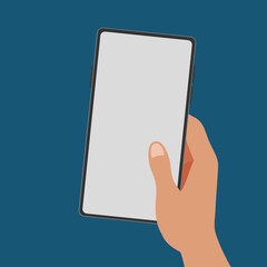 A beautiful hand grabbing a white blank screen smartphone template isolated background flat vector illustration.Social communication, gaming, working with smartphone	