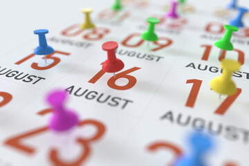 August 16 date marked with red pushpin on a calendar, 3D rendering