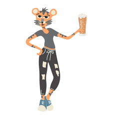 An important tigress in human form with a glass of beer. Original vector Isolated cartoon. The tigress woman drinks beer. Comic friendly illustrations for print, postcards, design, web.