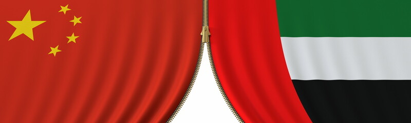 China and the UAE political cooperation or conflict, flags and closing or opening zipper, conceptual 3D rendering