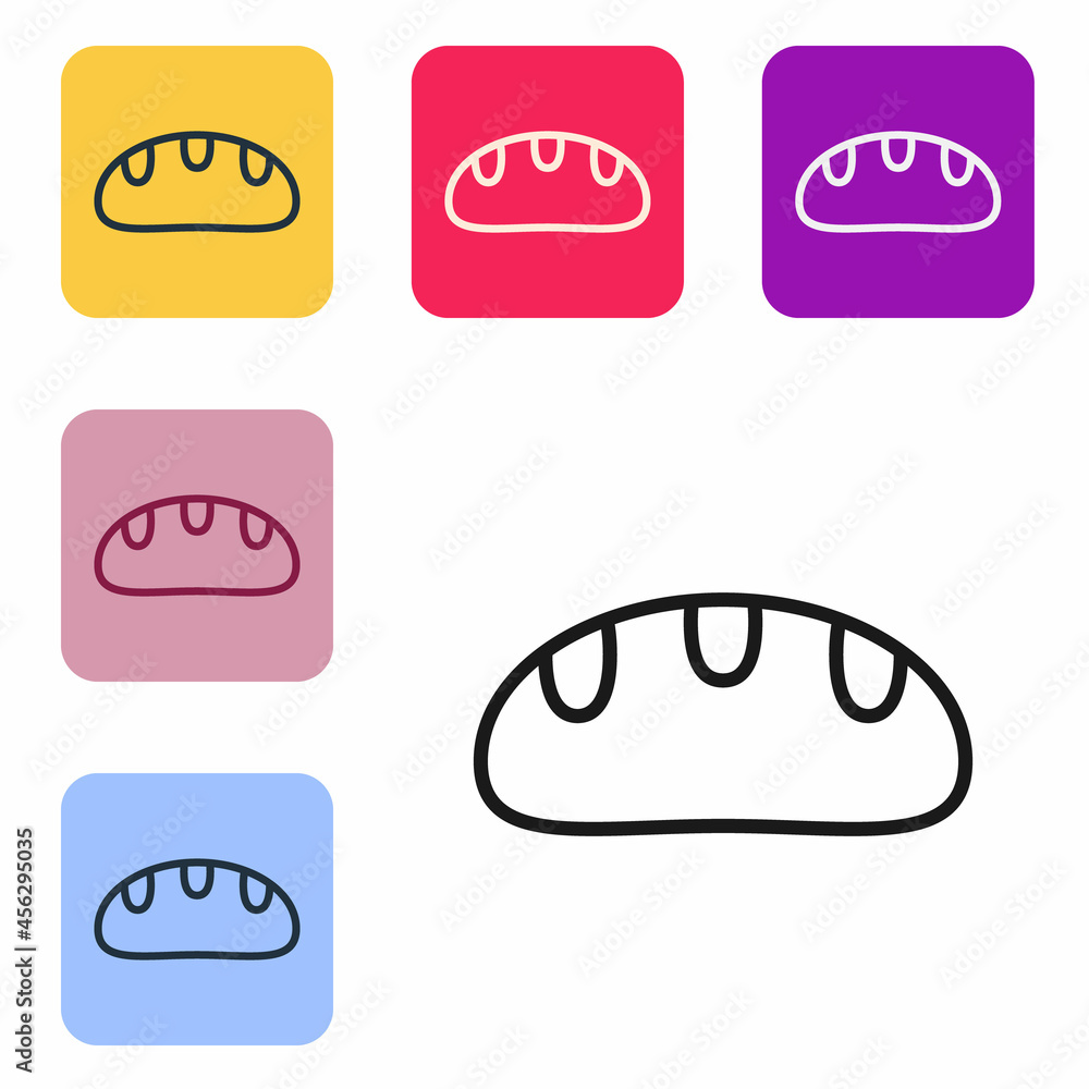 Poster black line bread loaf icon isolated on white background. set icons in color square buttons. vector