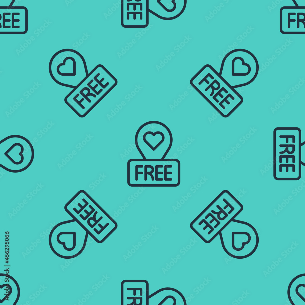 Poster black line map pointer with heart icon isolated seamless pattern on green background. valentines day