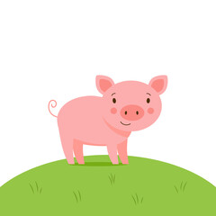 Cute little vector piglet standing on a green meadow. Funny kids illustration of farm animal in cartoon style