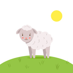 Cute little fluffy sheep grazes on a green grass meadow in summer sunny day. Funny kids illustration in cartoon style. Vector