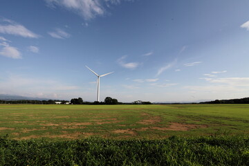 Fototapeta na wymiar 広大な土地に風力発電の風車が回る