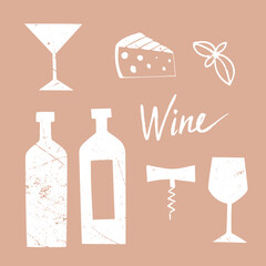 A set of vector images on the theme of wine. Retro style. Bottles, glasses, cheese, corkscrew. Illustration. Hand drawing. White on a beige background. Scuff texture