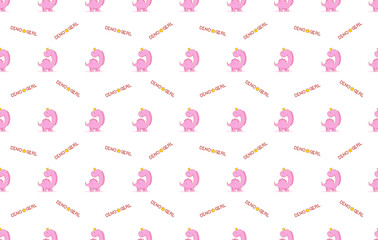 Dino princess seamless pattern. Dinosaur girl pink color on white background.