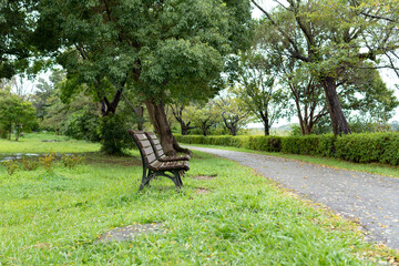 手賀沼、緑豊かな公園の歩道と休憩場所