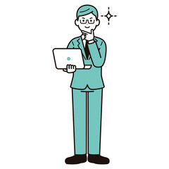 パソコンを手に持って閃くビジネスパーソンのイラスト素材　男性　スーツ　全身