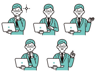 パソコンを手に持って説明しているビジネスパーソンのイラスト素材　男性　スーツ　ポーズのバリエーション