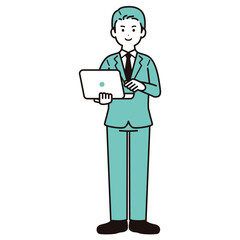 パソコンを手に持って作業しているビジネスパーソンのイラスト素材　男性　スーツ　全身