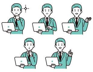 パソコンを手に持って説明しているビジネスパーソンのイラスト素材　男性　スーツ　ポーズのバリエーション