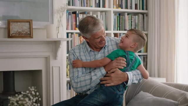 happy little boy hugging grandfather playfully jumping into grandad's arms having fun enjoying weekend with grandparent at home
