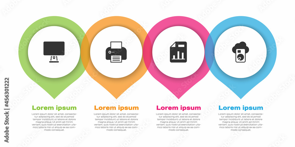 Poster set computer monitor, printer, document with graph chart and cloud database. business infographic te