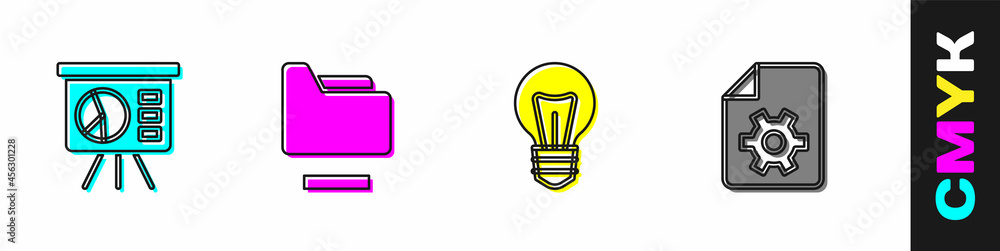 Poster set board with graph, document folder, light bulb and settings icon. vector