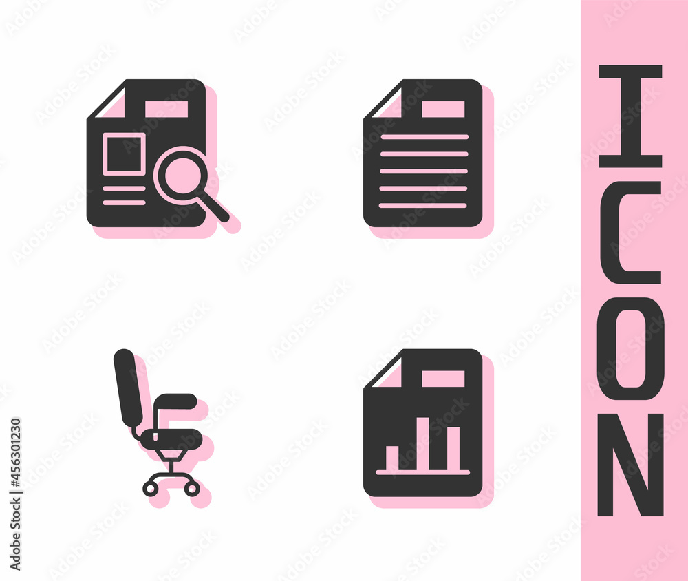 Poster set document with graph chart, office chair and file document icon. vector