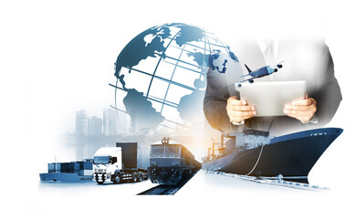 Double exposure of businessman work  industry and safety concept container truck ,ship in port and...