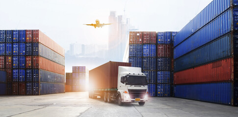 Double exposure of work area  industry and safety concept container truck ,ship in port and freight...