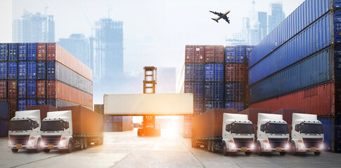 Double exposure of work area  industry and safety concept container truck ,ship in port and freight cargo plane in transport and import-export commercial logistic ,shipping business industry