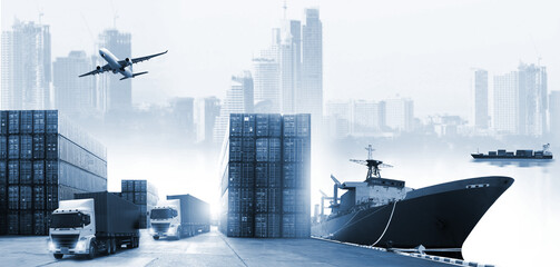 Double exposure of work area  industry and safety concept container truck ,ship in port and freight...