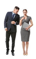 Boss harassing his secretary on white background